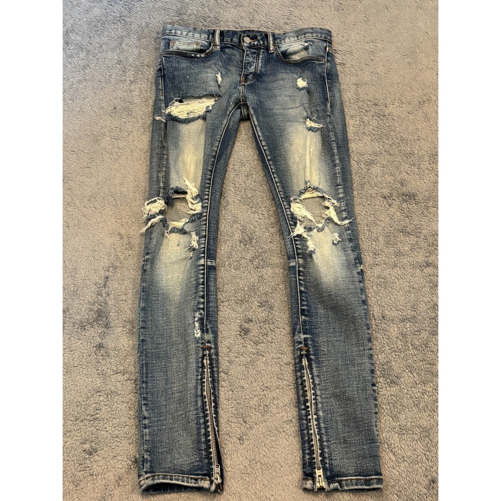 MNML Jeans Men's 30 (32x34) Distressed Ripped Slim Button Fly Zipper Ankle Blue